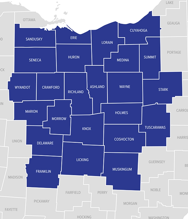 All American Roof Pros service area map across Ohio